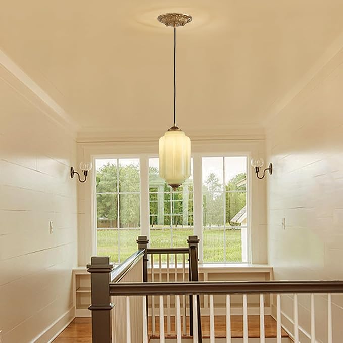 5.5" Small Chandelier Modern Farmhouse Milk Glass Pendant Lighting Fixture Green Hanging Lamp Height Adjustable 1-Light for Dining Room, Entryway, Hallway