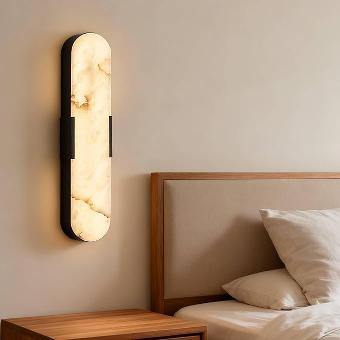 Alabaster Wall Sconces 20" Black Natural Marble Wall Sconce LED Hardwired Lighting Fixture Marble Bathroom Vanity Sconce Luxury Indoor Alabaster Wall Lamps for Living Room Hallway Stairway