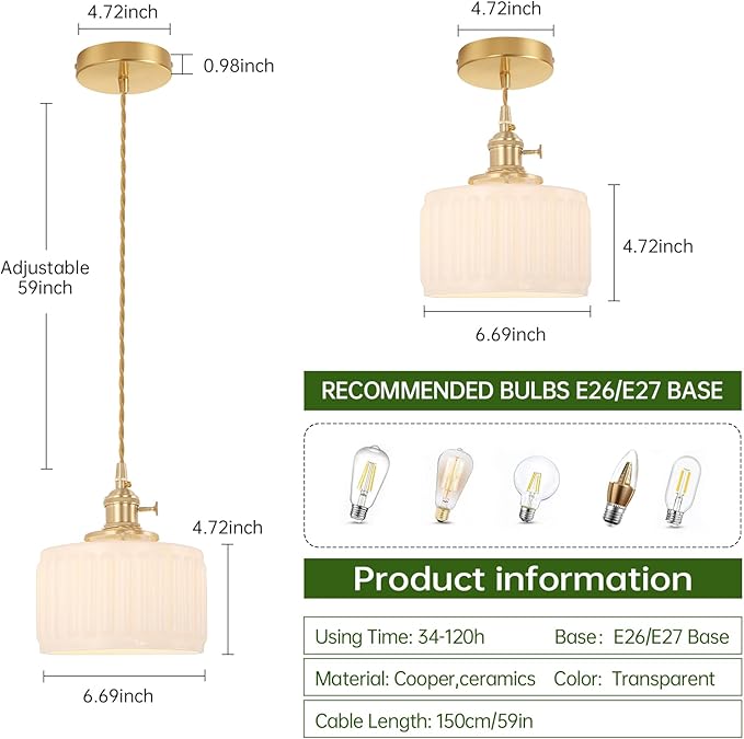 Shenmoyl Battery Operated Pendant Light 5000mAh Rechargeable Chandelier with Remote Control Wireless Adjustable Hanging White Striped Light for Kitchen Island Dining Room Hallway