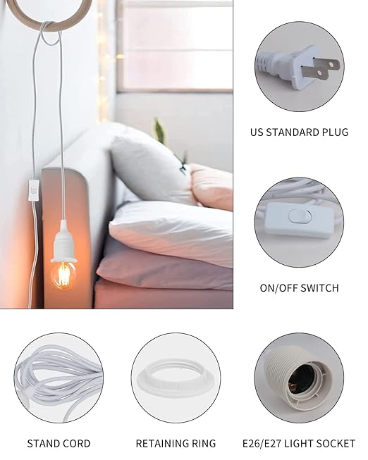 Plug in Hanging Light Cord,E26/E27 Extension Hanging Plug in Light Sockt, 2-Pack 15FT Pendant Light Socket Kits White for Kitchen Bedroom Farmhous.