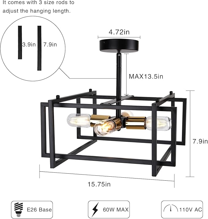 HuisMier Industrial Semi Flush Mount Ceiling Light, 4-Light Farmhouse Ceiling Lights Fixture, Black and Gold Metal Close to Ceiling Lighting Fixtures for Dining Room Bedroom Kitchen Island Foyer