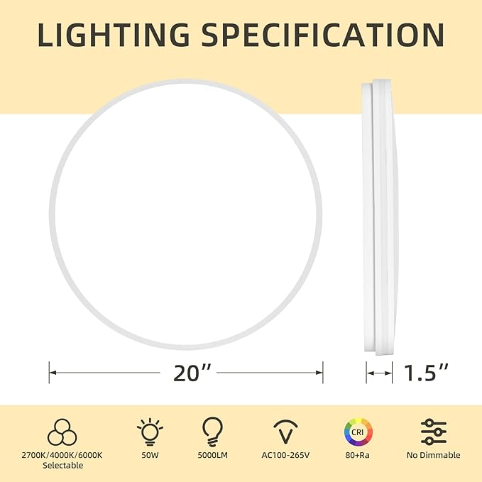 20 Inch Flush Mount Ceiling Light 50W, White LED Ceiling Light with Side Light, 2700K/4000K/6000K CCT Selectable, 5000lm Round Light Fixtures for Bedroom, Kitchen, Dining Room, Living Room