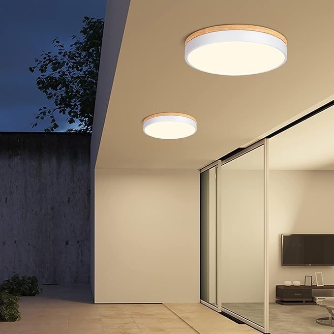 WOKNOS Dimmable Wood Oak Ceiling Light Fixture Modern White LED Flush Mount Ceiling Light 5CCT Minimalist Circle Close to Lighting Fixture for Bedroom Kitchen Bathroom Laundry Room 15.74 Inch