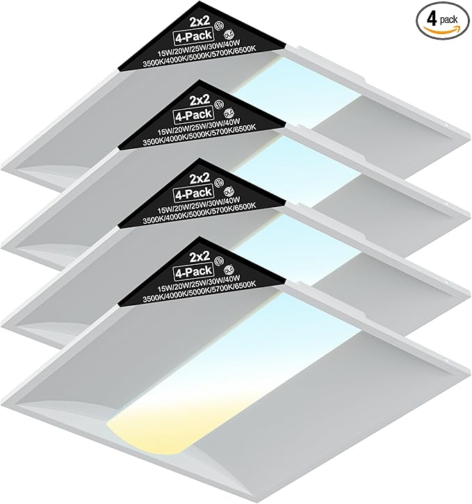 2x2 LED Troffer Light, 4-Pack, Backlit Panel, 15W–40W Selectable, 5CCT, 0–10V Dimmable, ETL, Drop Ceiling