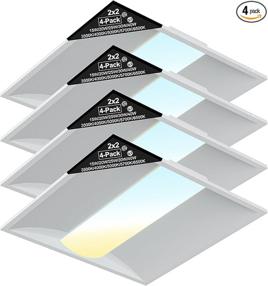 2x2 LED Troffer Light, 4-Pack, Backlit Panel, 15W–40W Selectable, 5CCT, 0–10V Dimmable, ETL, Drop Ceiling