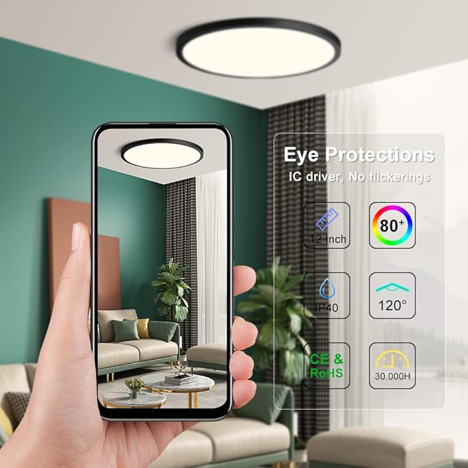 LEDLightsWorld 12 Inch LED Ceiling Light Flush Mount, 4000K Neutral White, 24W 3200LM Modern Round Lighting Fixture, Black Low Profile Ceiling Lights for Bedroom, Living Room, Stairway, Basement