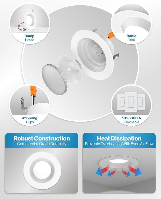 Sunco 10 Pack 4 Inch LED Recessed Lights, Retrofit Can Light for Ceiling, Baffle Trim, 660 LM, 11W (60W Equivalent), 6000K Daylight Deluxe, Dimmable, Damp Rated ETL.
