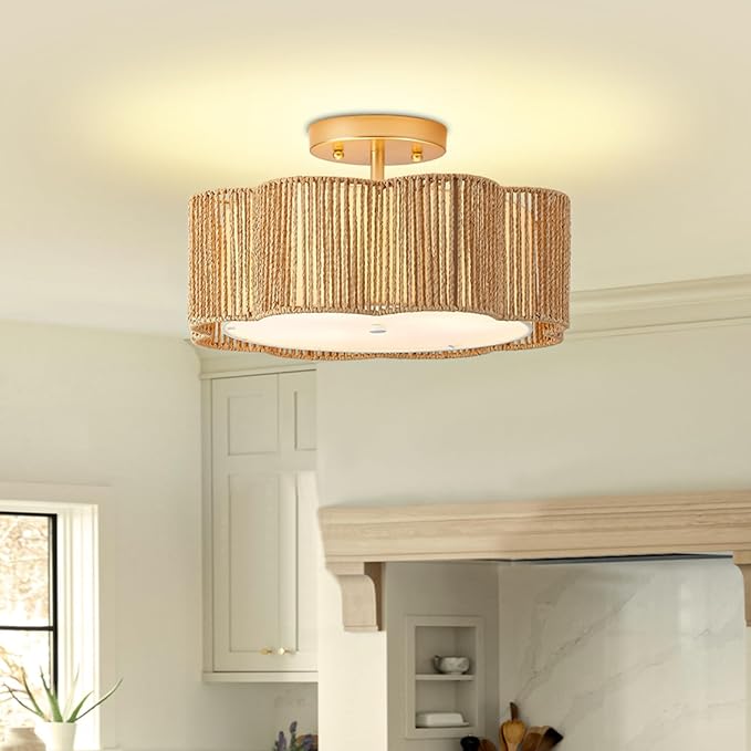 13 Inch Rattan Flush Mount Ceiling Lights 3 Lights Boho Farmhouse Ceiling Light Fixtures Wicker Hand Woven Light Fixtures for Dining Room Kitchen Bedroom Foyer Hallway Entryway