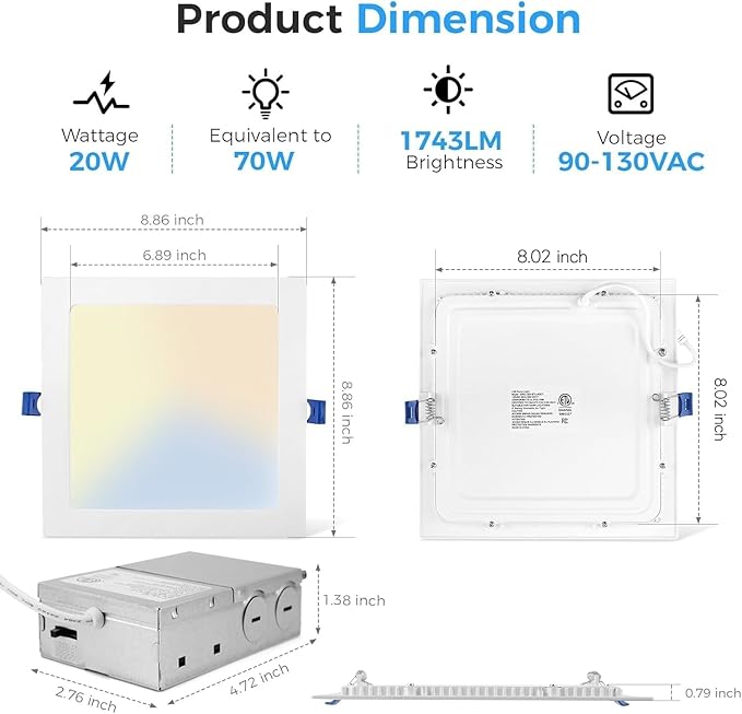 HONZIN 4 Pack 8 Inch Square LED Recessed Lighting, Ultra-Thin Canless Ceiling Light, 5CCT Selectable 2700K/3000K/3500K/4000K/5000K, 20W Dimmable, IC Rated with Junction Box, White Trim