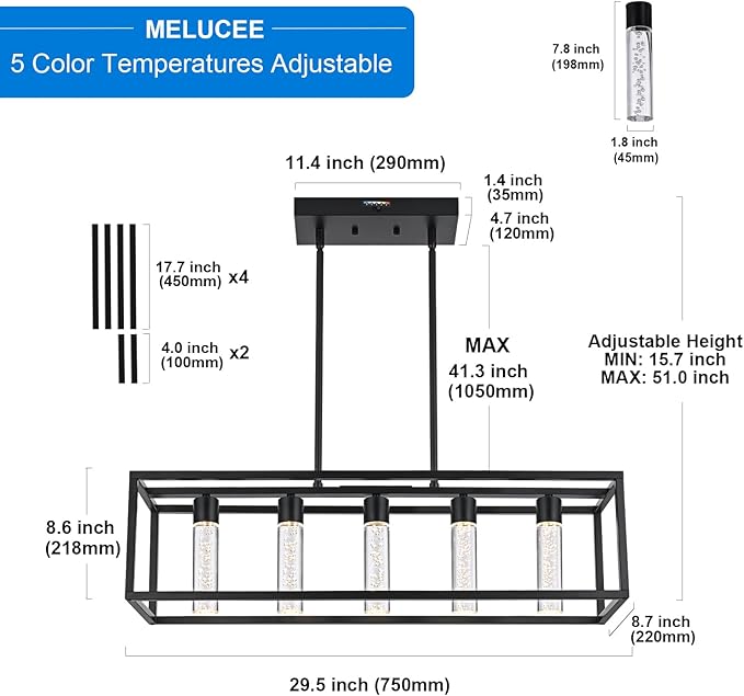 MELUCEE 5 Color Black Pendant Lights Kitchen Island, 5 Lights Modern Kitchen Island Lights 25W Dining Table Light Fixture with Crystal Bubble, Integrated LED Chandelier for Dining Room Billiard Room
