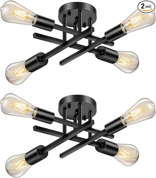 Lomoky Industrial 4-Light Semi Flush Mount Ceiling Light Fixture, Modern Black Close to Ceiling Light, Farmhouse Chandelier Ceiling Lamp for Hallway Kitchen Bedroom Living Room (2 Pack)