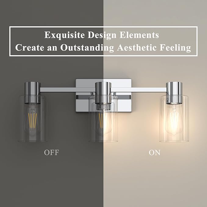 3-Light Modern Vanity Light Fixtures Over Mirror, Polished Chrome Bathroom Light Fixtures, Vanity Lights, Wall Sconce with Clear Glass Shade for Bathroom, E26 Base