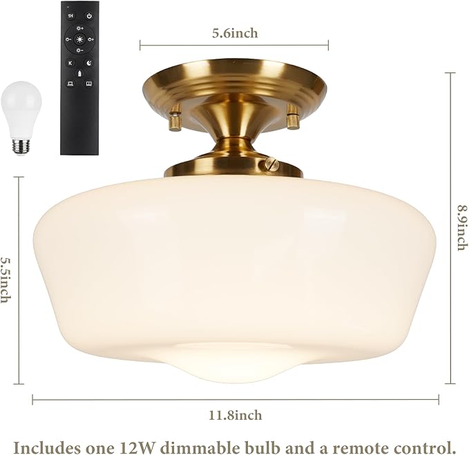 Schoolhouse Style Semi Flush Mount Ceiling Light with Dimmable Bulb Remote Control, 12" Modern Gold Hallway Ceiling Lamp with Opal Milk Glass Shade, Farmhouse Globe Light for Bedroom Kitchen Laundry