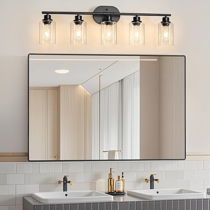 Unicozin 5 Light Bathroom Light Fixtures,33.5 Inch Vanity Lights for Bathroom, Lacquered Black Wall Lamp with Clear Glass for Mirror, Living Room, Hallway, Cabinet, E26 Base