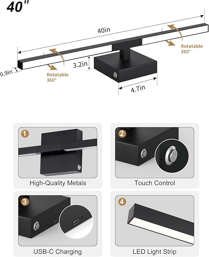 Rayogale 40 Inch 8000mAh Rechargeable Battery Operated Wall Sconce Set of Two, Cordless, 3000K/4500K/6000K, Dimmable, Timer, Remote, Touch Control, USB-C Charging, 360° Rotation for Living Room Black