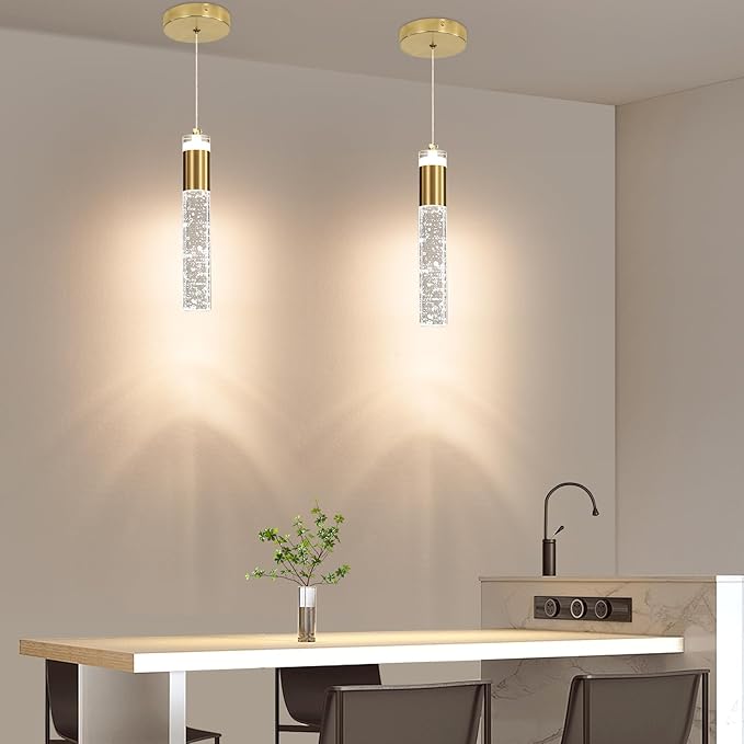 2 Pack Modern Kitchen Island Pendant Lights, Gold Bubble Crystal Ceiling Hanging Light, 3 Color 2700K/4500K/6500K, Mini Linear LED Chandelier Lighting for Dining Room, Bedroom, Bar, Hallway, Bedside