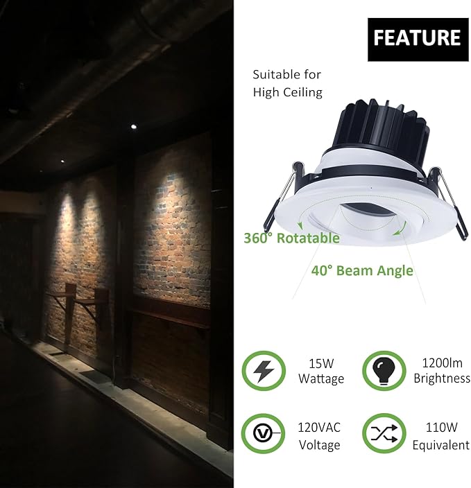 POPANU Canless Recessed Gimbal Downlight - Suitable for 20ft High Ceiling 1200lm 4 Inch 15W LED Rotatable Eyeball Spotlight, 5CCT Dimmable Lights with Junction Box, Anti-Glare White 4 Pack