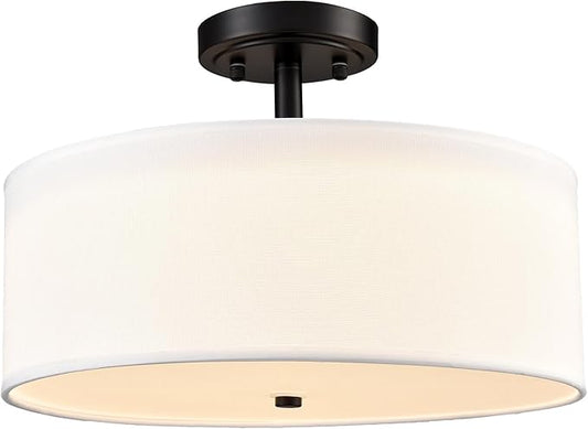 Black Dimmable LED Ceiling Light 30W 3000K/4500K/5500K 15-Inch Modern Farmhouse Drum Light Fixtures Matte Black Semi Flush Mount Lamp for Bedroom Hallway Living Room