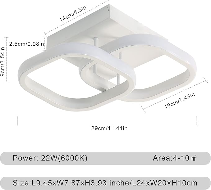 Small LED Hallway Ceiling Light, 2 Square Frames Modern Ceiling Light, 6500K Flush Mount Ceiling Light Fixtures for Hallway Living Room Bedroom Kitchen Closet, White