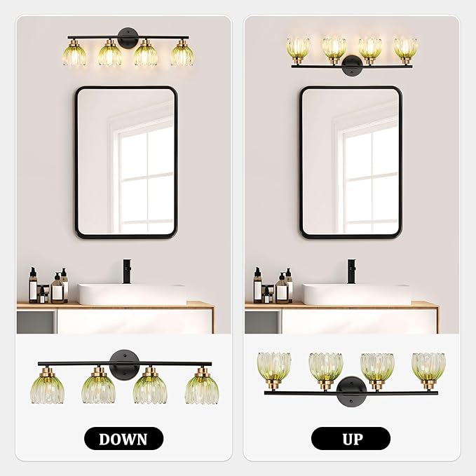 TALOYA Bathroom Vanity Light Fixtures, 4-Light Modern Black and Gold Wall Lights for Mirror, Green Tulip Glass Shades Over Sink Lighting for Bedroom, Living Room, and Hallway,Farmhouse