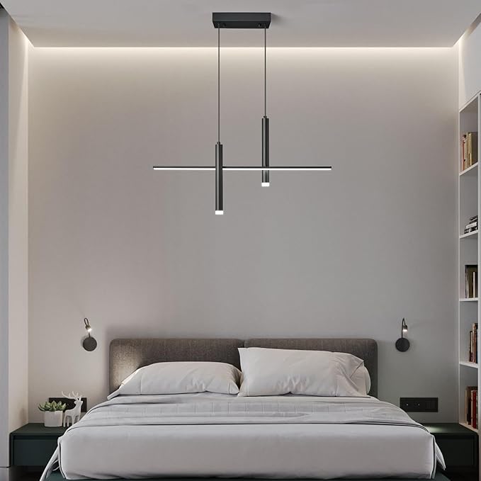 Modern LED Linear Pendant Light with Dual Spotlights Dimmable 6000K Pendant Lights Kitchen Island Ceiling Hanging Black Chandeliers for Dining Room Table Kitchen Living Room Bedroom(L31.5in)