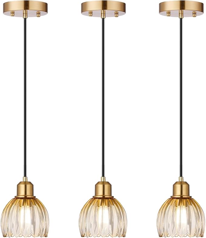 TALOYA Pendant Light 3 Pack with Amber Tulip Glass Lmapshade, Brass Vintage Pendant Light Adjustable Hanging Light for Kitchen Island Bedroom Dining Room Hallway& Bar