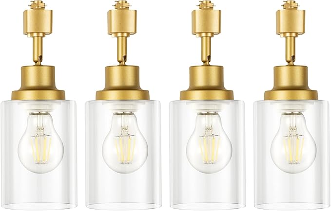 VANoopee H Type Track Lighting Heads E26 Track Light Ceiling Modern for Kitchen, Compatible with H Track Lighting Rail System, Gold Track Lighting Fixtures with Glass Lamp Shade, 4 Pack, No Bulbs