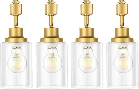 VANoopee H Type Track Lighting Heads E26 Track Light Ceiling Modern for Kitchen, Compatible with H Track Lighting Rail System, Gold Track Lighting Fixtures with Glass Lamp Shade, 4 Pack, No Bulbs