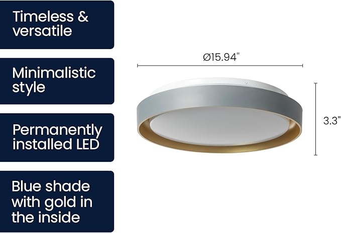 15.94" LED Flush Mount Ceiling Light Blue and Gold, Low Profile Light Fixture, Dimmable 5CCT 2700K-5000K Modern LED Ceiling Light Fixture for Kitchen, Bedroom, Living Room, Hallway, Hardwired