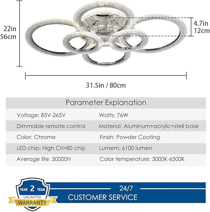 Garwarm Modern LED Ceiling Light Fixture,76W Dimmable LED Chandelier Flush Mount Ceiling Lights Remote Control,6 Ring Ceiling Lamp Fixture for Living Room Dining Room Bedroom(Chrome)