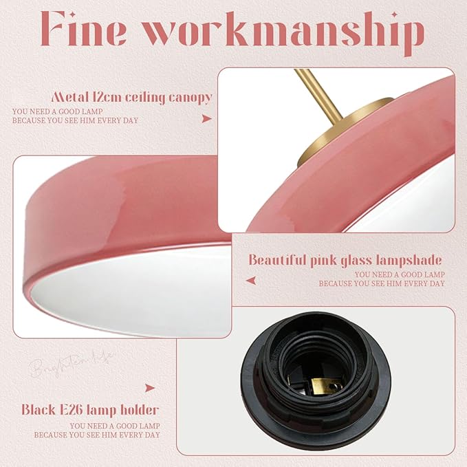 Pink Light Fixture Mid Century Modern Semi Flush Mount Ceiling Light 13.8 Inch Round Dome Glass Shade Brushed Gold Brass Close to Ceiling Lights Hallway Bedroom Overhead Lighting