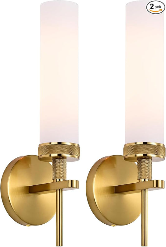 LaLuLa Wall Sconce Set of 2, Vanity Lights for Bathroom, Modern Brushed Gold, Knurled Detail, Frosted Glass Cylinder Shade, E26 Base, Hardwired, Up or Down Mount, Gold Wall Sconces for Hallway Bedroom