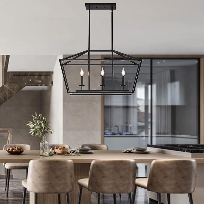 XILICON Dining Room Light Fixtures Over Table, 3-Light Black Farmhouse Chandelier Light Fixture Black Industrial Linear Pendant Lights Kitchen Island Candle Lantern Chandelier