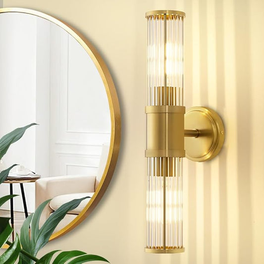 Gold Wall Sconce Bathroom Vanity Light Fixtures for Mirror, Modern Wall Light with Glass Rod Shade for Bathroom, Bedroom, Hallway, Living Room - Bulb Not Included