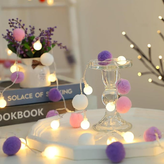 ChiRee Indoor String Lights 6.56 Feet Pom Poms Fairy Lights 20 LED Battery Operated String Ball Lights Warm White Globe Lights Colorful Decor Lights for Home Bedroom Kids Playhouse Holiday Christmas
