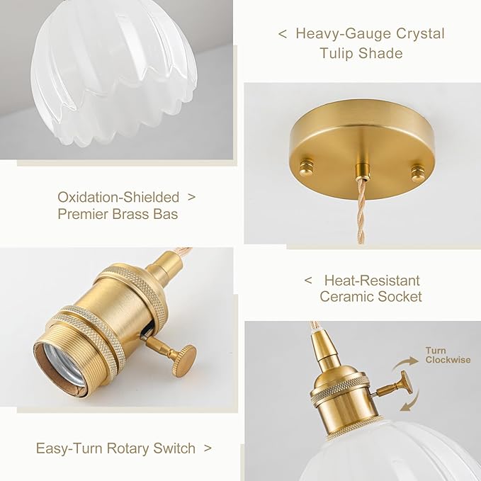 Mini Pendant Lights Kitchen Island, Small Adjustable Pendant Light Fixture with Milk White Tulip Glass Lampshade, Vintage Gold Pendant Lighting, Pendant Light for Bedroom Dining Room Hallway