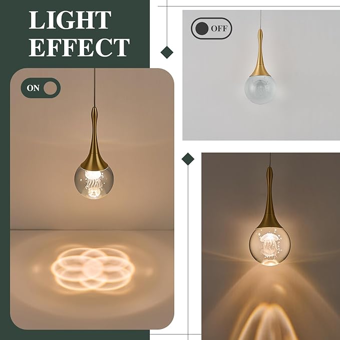 LED Pendant Light Kitchen Island Jellyfish Crystal Pendant Lights Dimmable Gold Modern Hanging Light for Bedroom Bathroom Living Room 3000K Warm White, 1 Pack