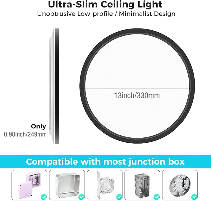 libtit 13 Inch LED Round Flat Light, 28W 3200lm 3000K/4500K/6000K CCT Selectable, Black Ceiling Light Surface Mount, Slim Ceiling Lamp Flush Mount for Bedroom, Kitchen, Office,Closet,Laundry Room