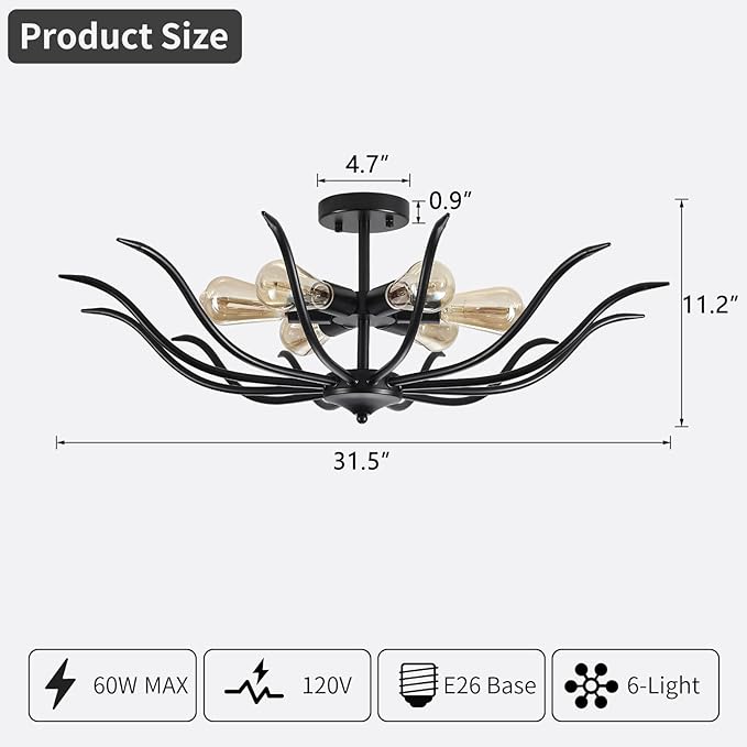 31.5" Semi Flush Mount Black Ceiling Light Fixture, 6-Light Modern Ceiling Living Room Light Fixture, Large Farmhouse Chandelier Dining Room Kitchen Bedroom Entryway Hallway Foyer Light Fixture