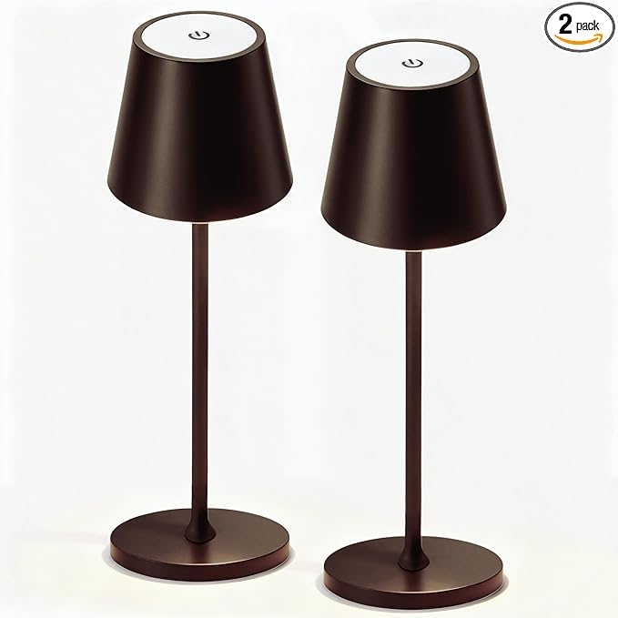 2 Pack Cordless Table Lamp,Portable LED Desk Lamp, 5200mAh Battery Operated, 3 Color Stepless Dimming Up, for Restaurant, Bedroom, Bars, Outdoor Party, Camping, Coffee Shop Night Light Coffee