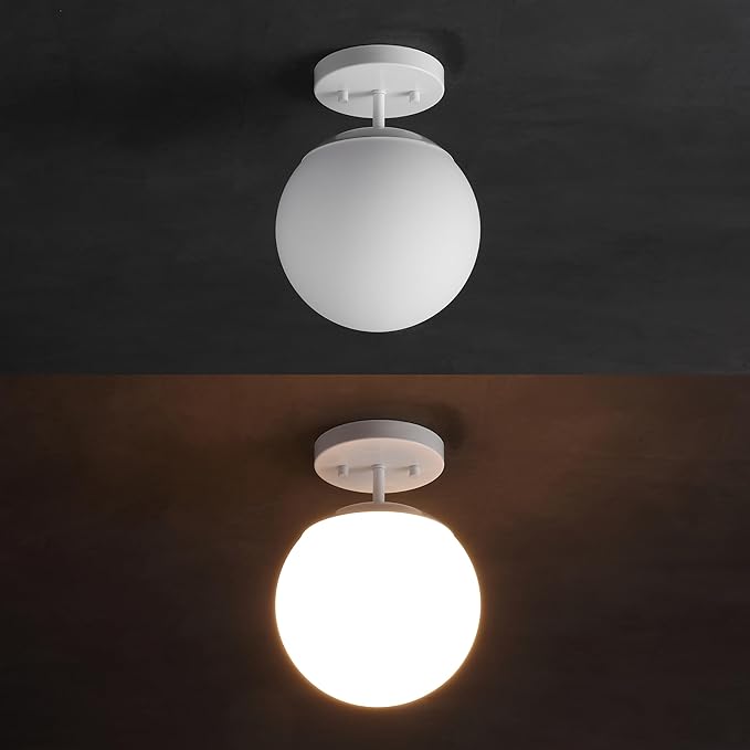 JONATHAN Y 7.75" White Modern Semi Flush Mount Ceiling Light, LED Fixture for Entryway, White Frosted Glass Globe Shade, Mid-Century Farmhouse Lighting for Bedroom Hallway (JYL7499H)