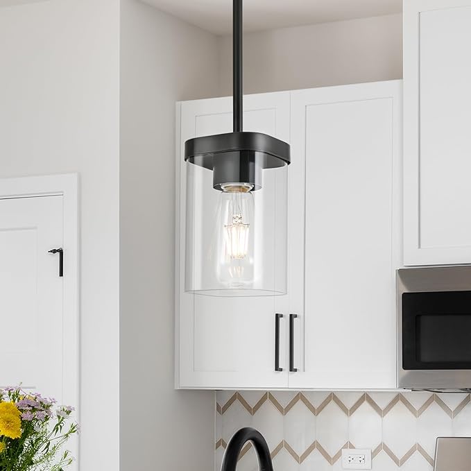 Modern Pendant Light Fixtures 1-Pack, Matte Black Pendant Lights Kitchen Island with Square Transparent Glass, Glass Pendant Light for Dining Room, Bedroom, Living Room, Farmhouse