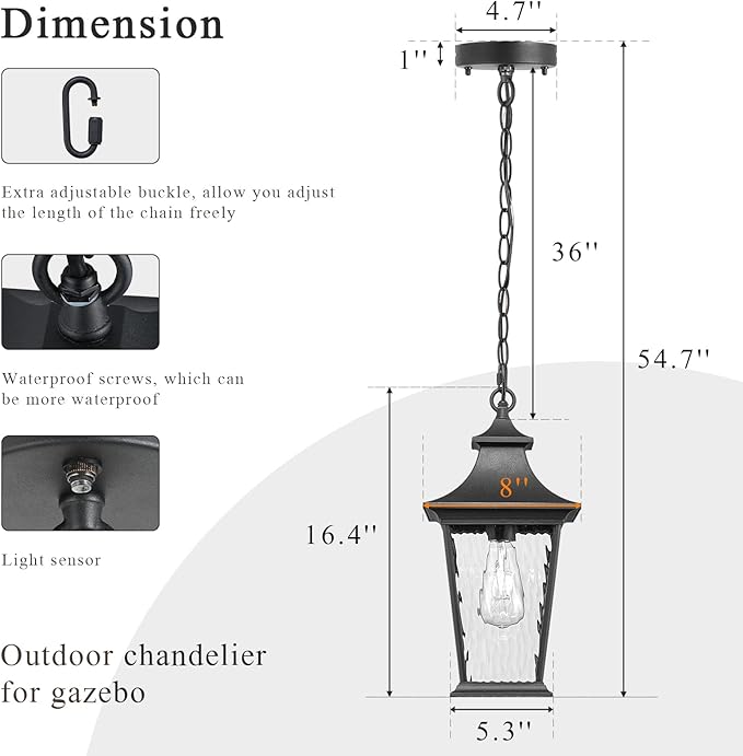 16.4 Inch Black Hanging Porch Lights Outdoor Waterproof Aluminum Outdoor Pendant Light Dusk to Dawn Exterior Hanging Light Fixture for Gazebo E26 Socket