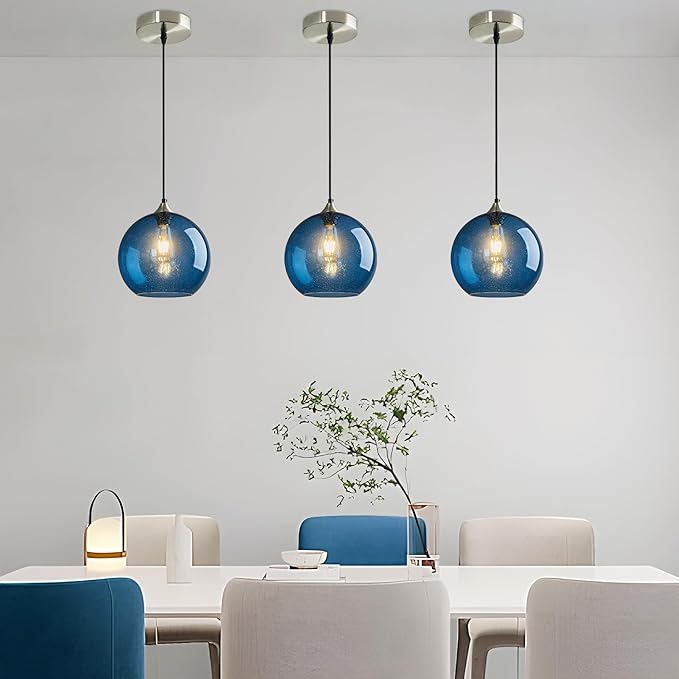 Modern 3-Pack Glass Globe Pendant Lights, Blue Modern Pendant Lighting for Kitchen Island, Clear Glass Hanging Lamps for Dining Room Living Room Bedroom, Small 5.9 Inch Fixture (Bulbs Not Included)