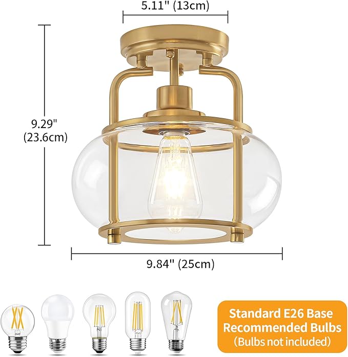 TOULMJ Semi Flush Mount Ceiling Light, Gold Ceiling Light Fixture with Drum Glass Shade, Modern Hallway Light Fixture for Kitchen Dining Room Foyer Entryway Bedroom Laundry Room Bathroom