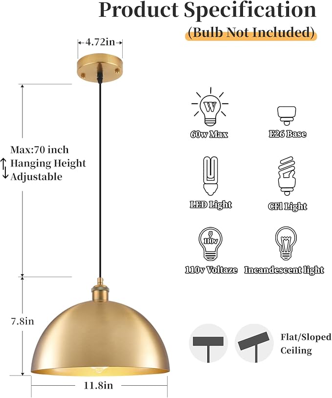 Gold Pendant Lights, 11.8" Farmhouse Pendant Light for Kitchen Island, Vintage Pendant Light Fixtures for Dining Room, Living Room, Bedroom, Dome Pendant Lighting, 2 Pack
