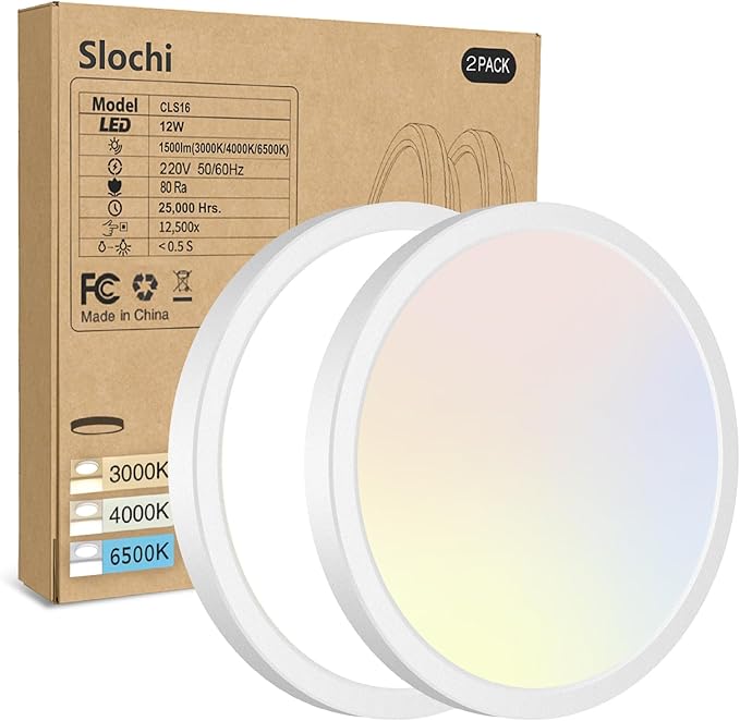 slochi 2PACK LED Flush Mount Ceiling Light, Dimmable & 100W Equivalent Super Slim LED Ceiling Light, 3000K-6500K Selectable, 12W 1500Lm Round Light Fixture for Bedroom, Bathroom, Closet, Hallway