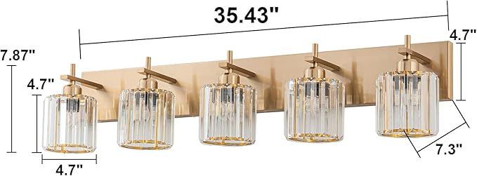 Modern Crystal Bathroom Vanity Lights, Gold 5-Lights Bathroom Light Fixtures Over Mirror, Crystal Wall Lighting with Polished Brass Finish