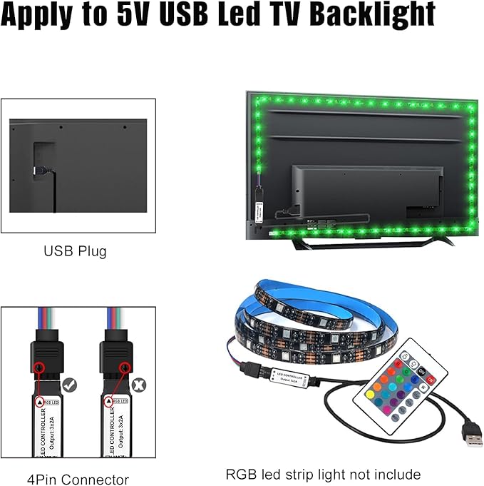 USB LED Light Controller, 5V RGB LED Strips Remote Replacement with 24 Key Infrared Remote for 4 Pin 5050 2835 RGB Strip, 2 Pack (IR Control Only, Not APP)