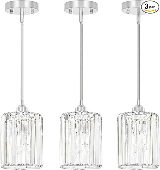 Lxybcce Chrome Kitchen Pendant Lights Over Island with Adjustable Rods - Crystal Pendant Lighting Fixtures 3 Pack, Ideal Over Dining Table or Bar, E26 Bulb Compatible, No Electrician Needed